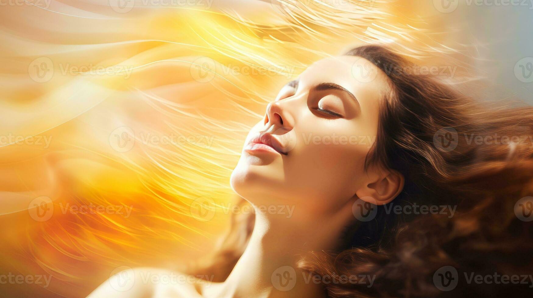 Illustration of woman sleeping and dreaming. Psychic girl considers mind and heart, spirituality, esotericism. Psychic waves concept, Generative AI illustration photo