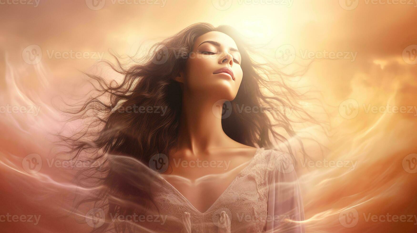 Woman sleeping and dreaming. Psychic girl considers mind and heart, spirituality, esotericism. Psychic waves concept, Generative AI illustration photo