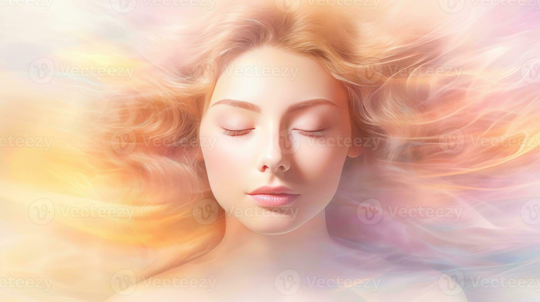 Woman sleeping and dreaming. Psychic girl considers mind and heart, spirituality, esotericism. Psychic waves concept, Generative AI illustration photo