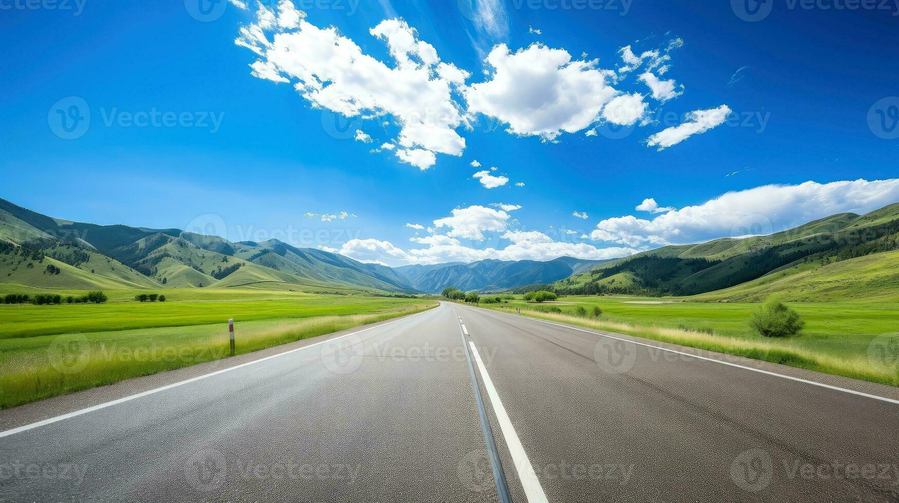 Illustration image of landscape with country road, empty asphalt road on blue cloudy sky background. Multicolor vibrant outdoors horizontal image, Generative AI illustration photo