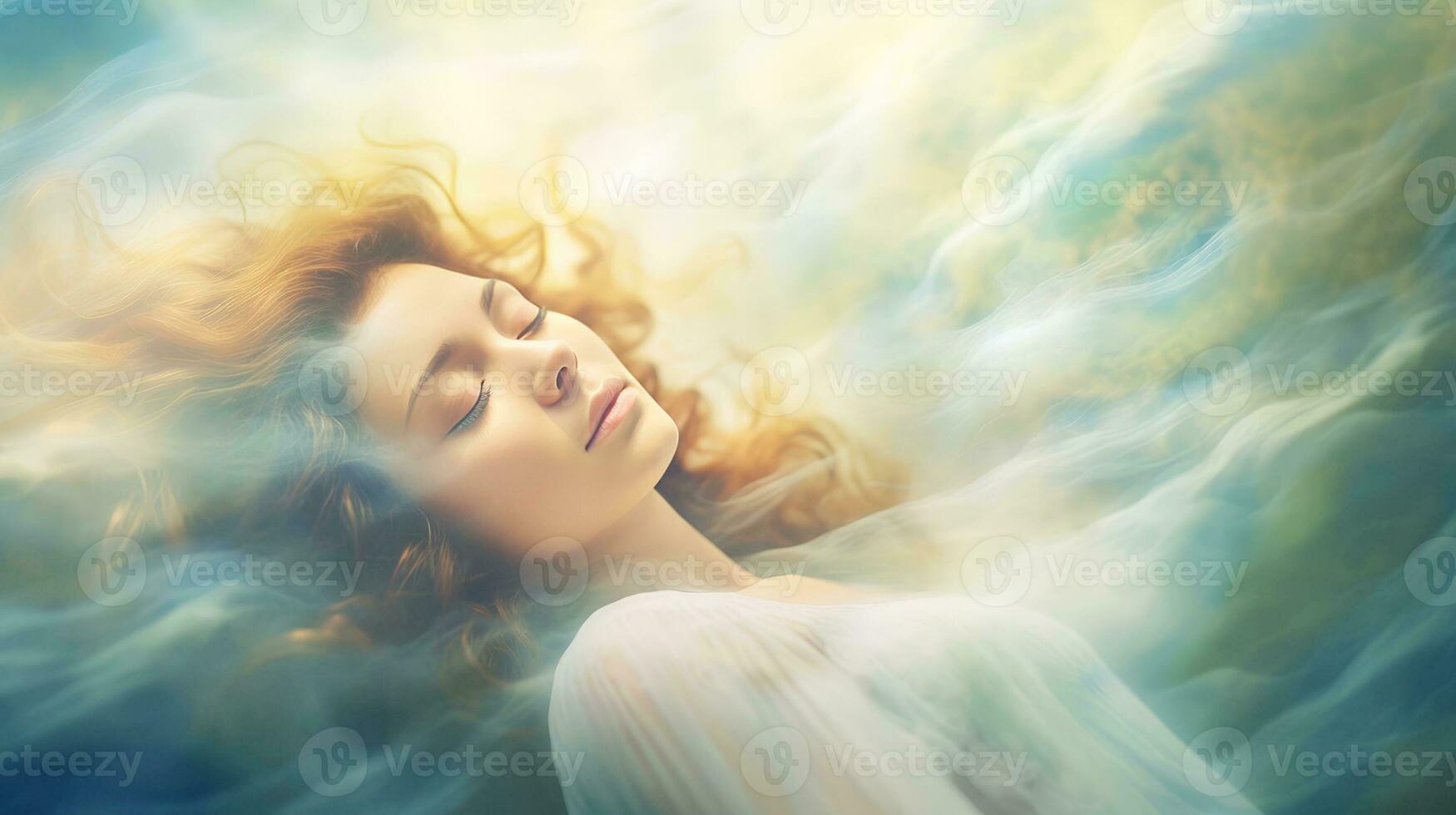 Woman sleeping and dreaming. Psychic girl considers mind and heart, spirituality, esotericism. Psychic waves concept, Generative AI illustration photo