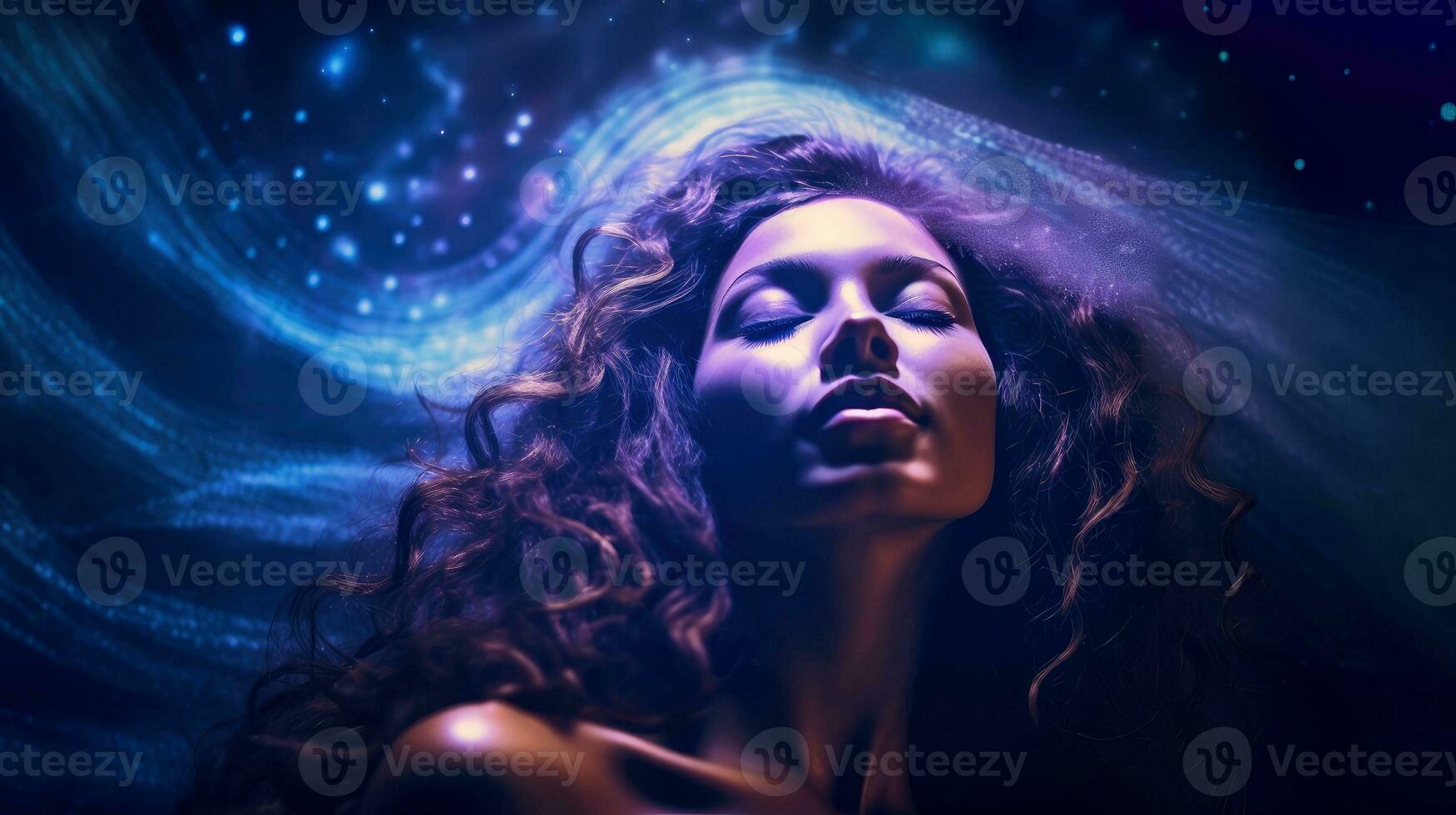 Illustration of woman sleeping and dreaming. Psychic girl considers mind and heart, spirituality, esotericism. Psychic waves concept, Generative AI illustration photo