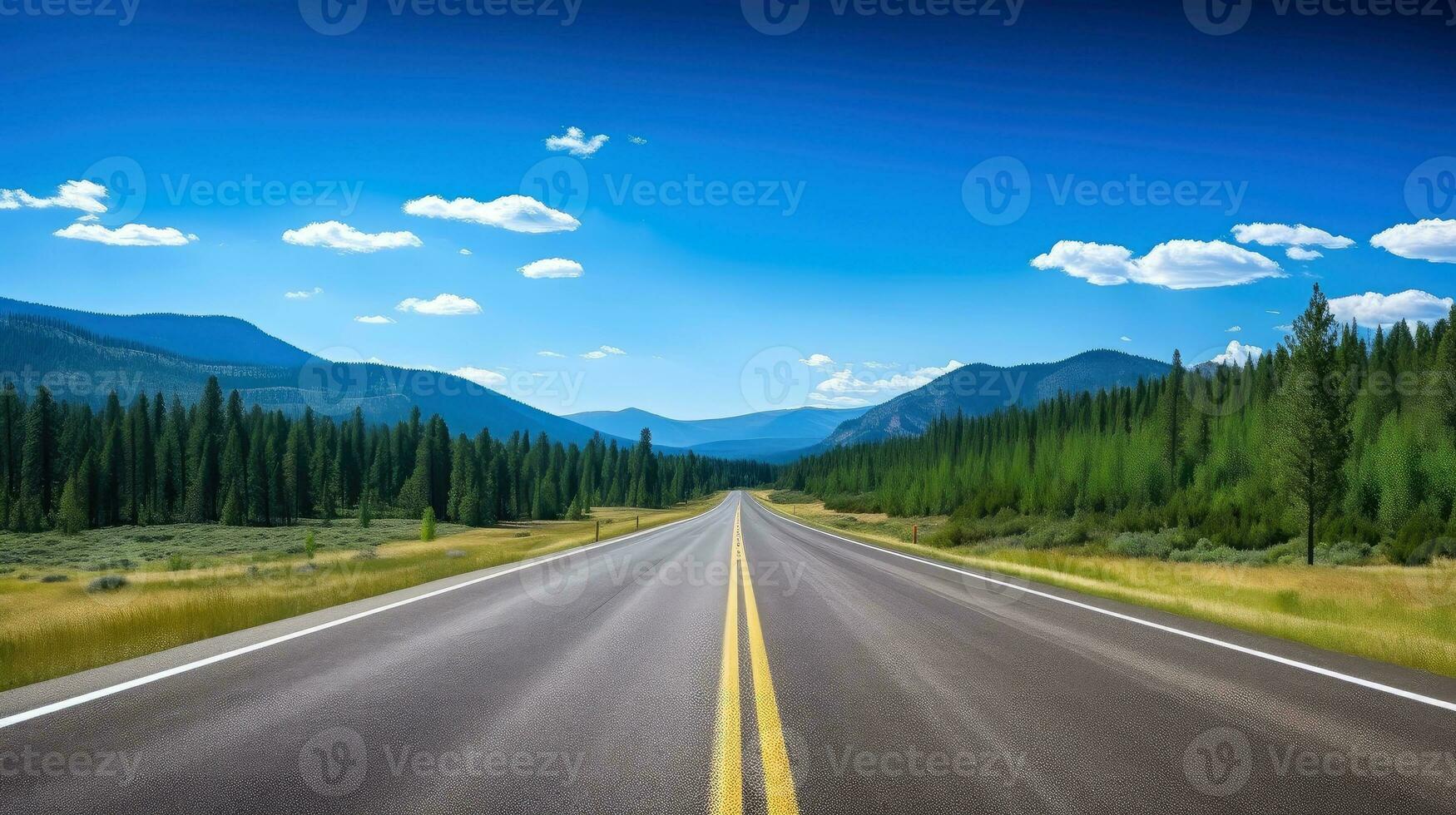 ilustración imagen de paisaje con país camino, vacío asfalto la carretera en azul nublado cielo antecedentes. multicolor vibrante al aire libre horizontal imagen, generativo ai ilustración foto