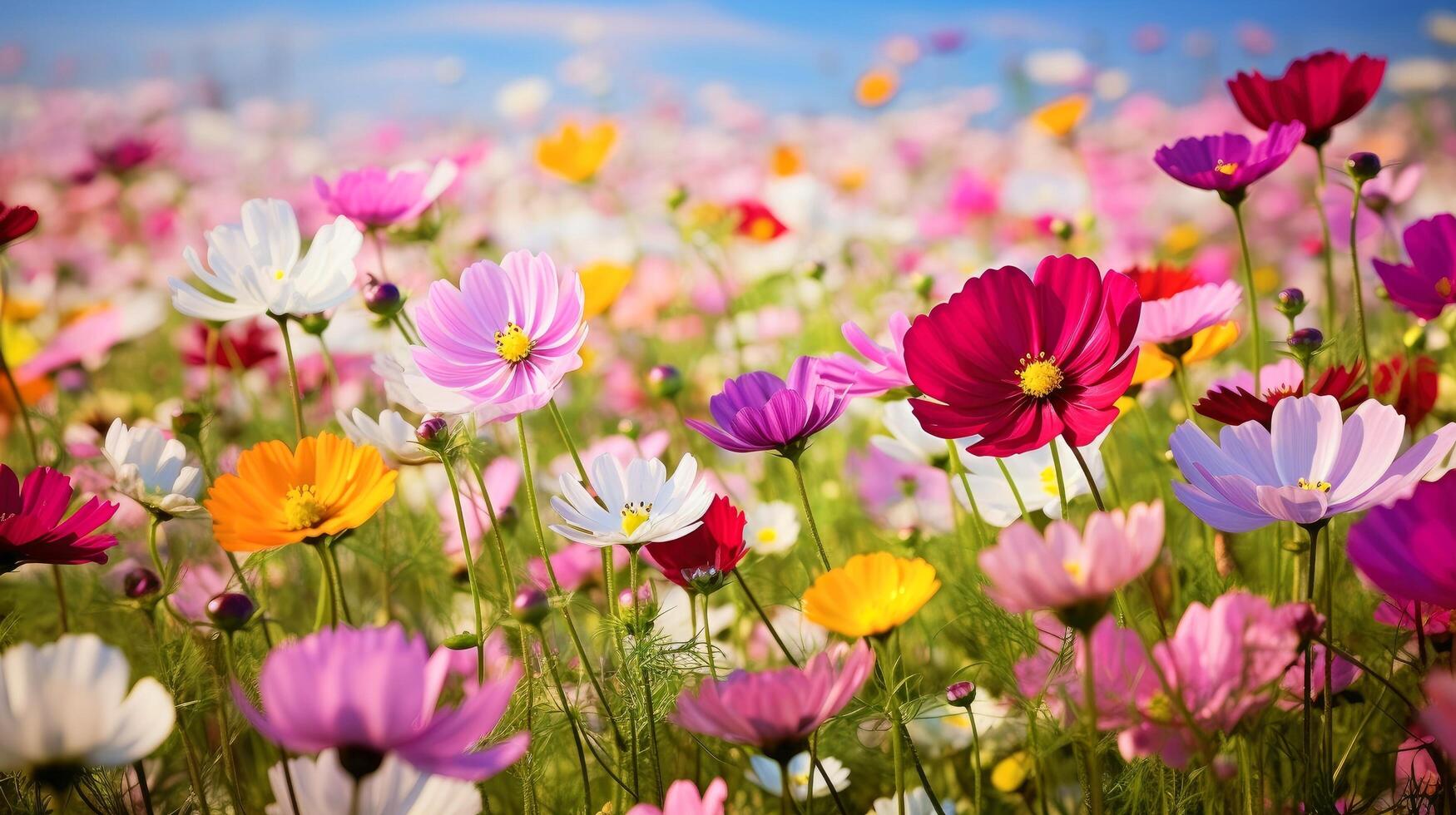 Nature floral background in early summer. Colorful natural spring landscape with with flowers, soft selective focus, Generative AI illustration photo