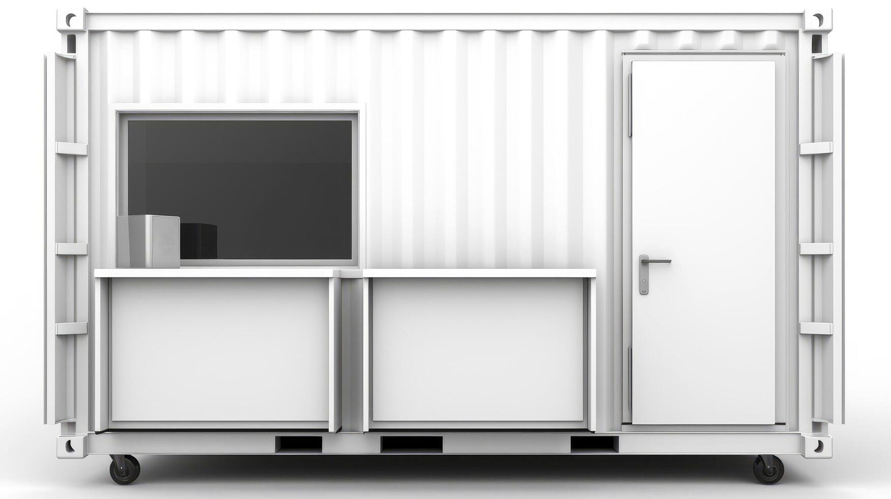 Interior of mobile container site office for construction site. Shipping container. Portable house and office cabins, illustration photo