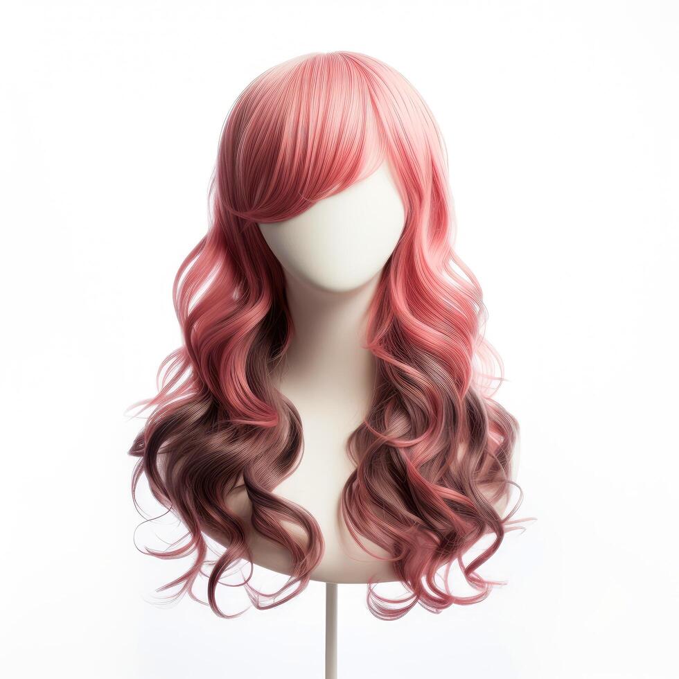 Hair wig over the plastic mannequin head isolated over the white background, mockup featuring contemporary women hairstyles, Generative AI illustration photo