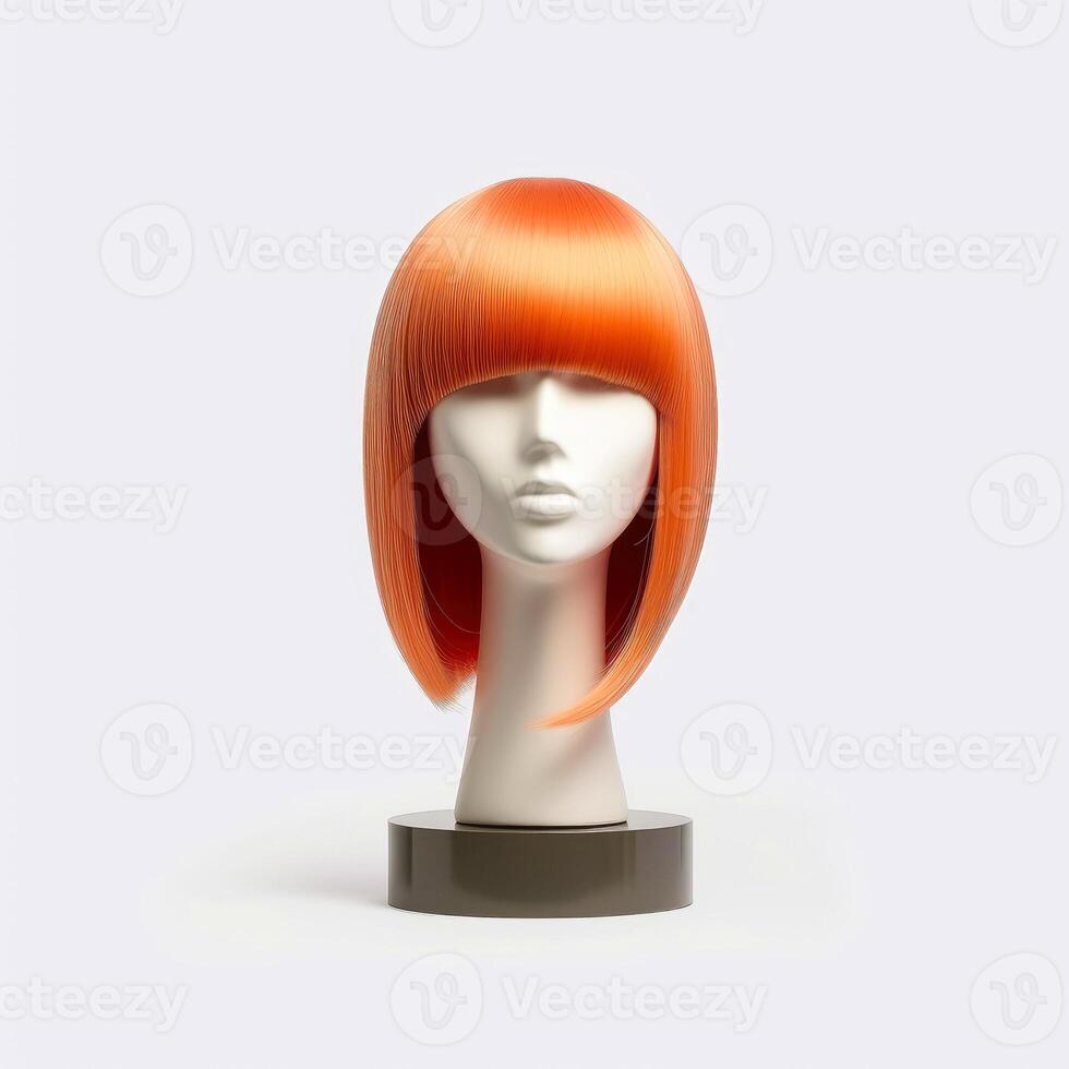 Hair wig over the plastic mannequin head isolated over the white background, mockup featuring contemporary women's hairstyles, Generative AI illustration photo