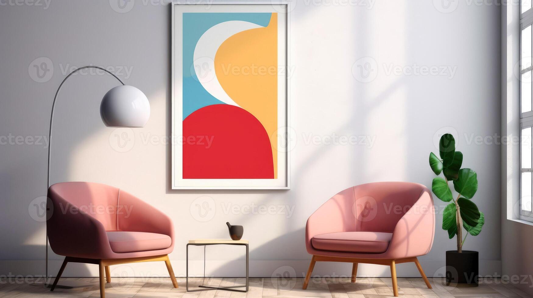 Stylish living room interior design with mock up poster frame, creative home accessories. Home staging. Copy space, Generative AI illustration photo