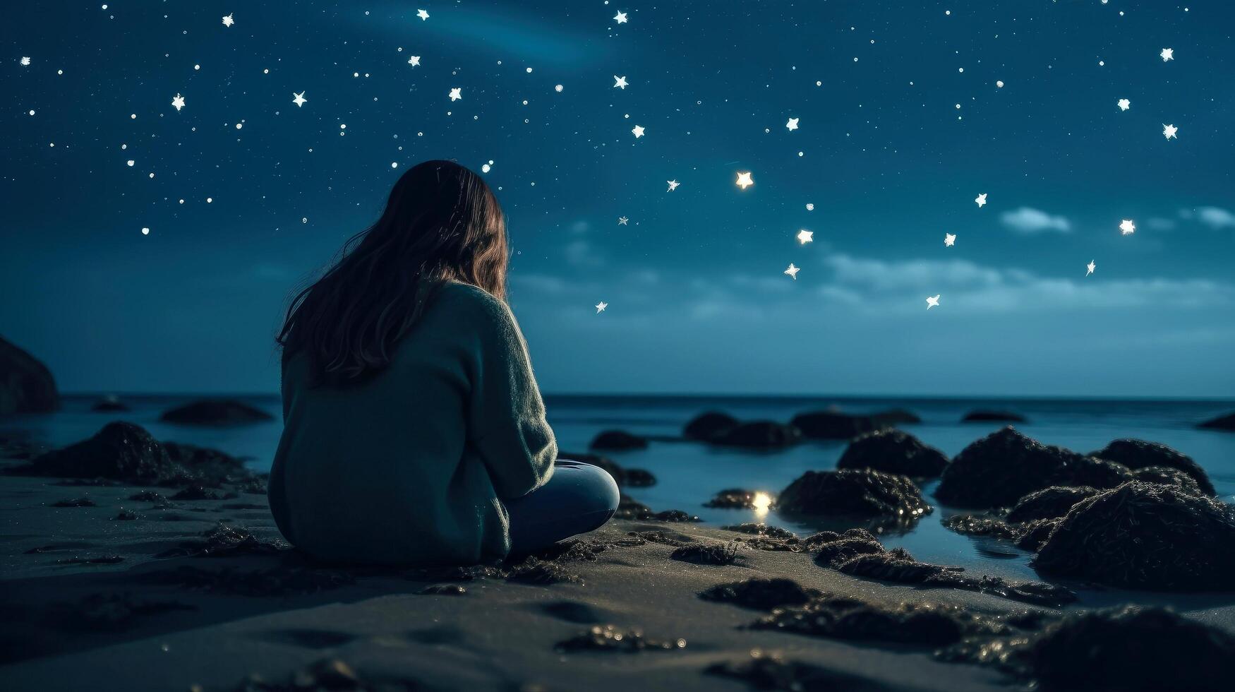 Women meditate, yoga. Psychic women considers mind and heart. Spirituality, esotericism, with bokeh defocused lights. universe, illustration photo
