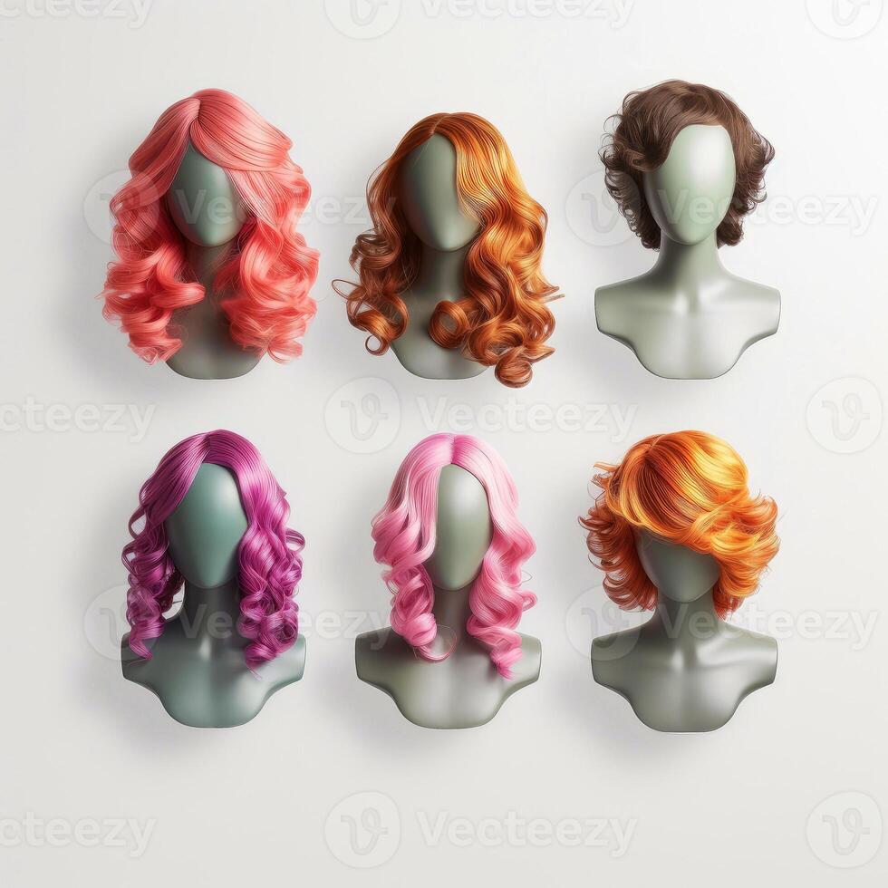 Hair wig over the plastic mannequin head isolated over the white background, mockup featuring contemporary women's hairstyles, Generative AI illustration photo