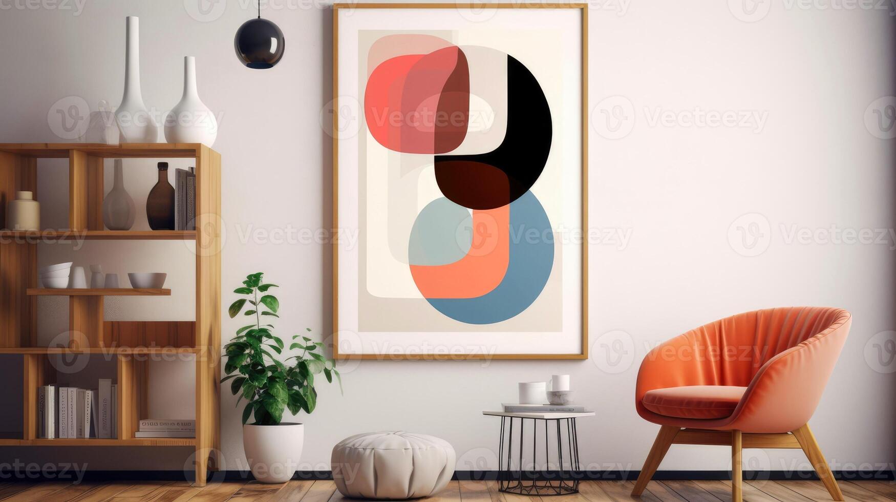 Stylish living room interior design with mock up poster frame, creative home accessories. Home staging. Copy space, illustration photo