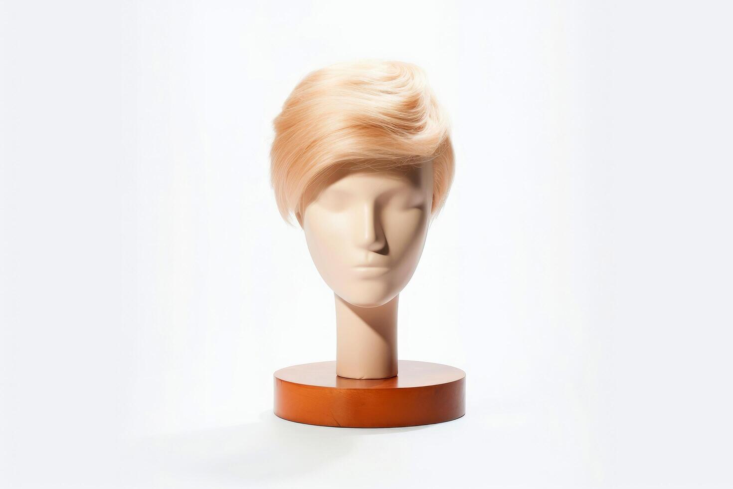 Hair wig over the plastic mannequin head isolated over the white background, mockup featuring contemporary men's hairstyles, Generative AI illustration photo