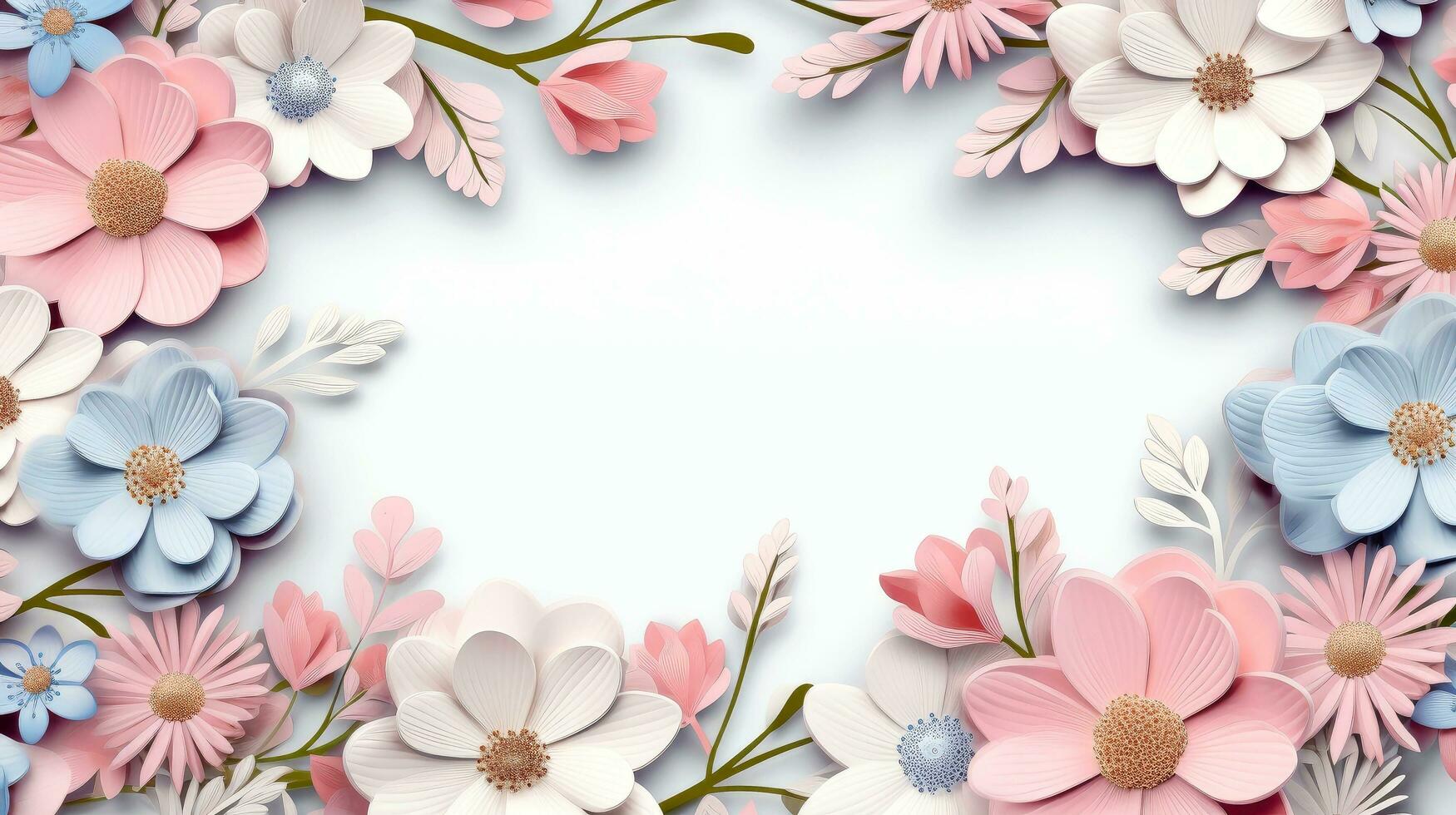 Floral border frame card template. multicolor flowers, leaves, for banner, wedding card. Springtime composition with copy-space, Generative AI illustration photo