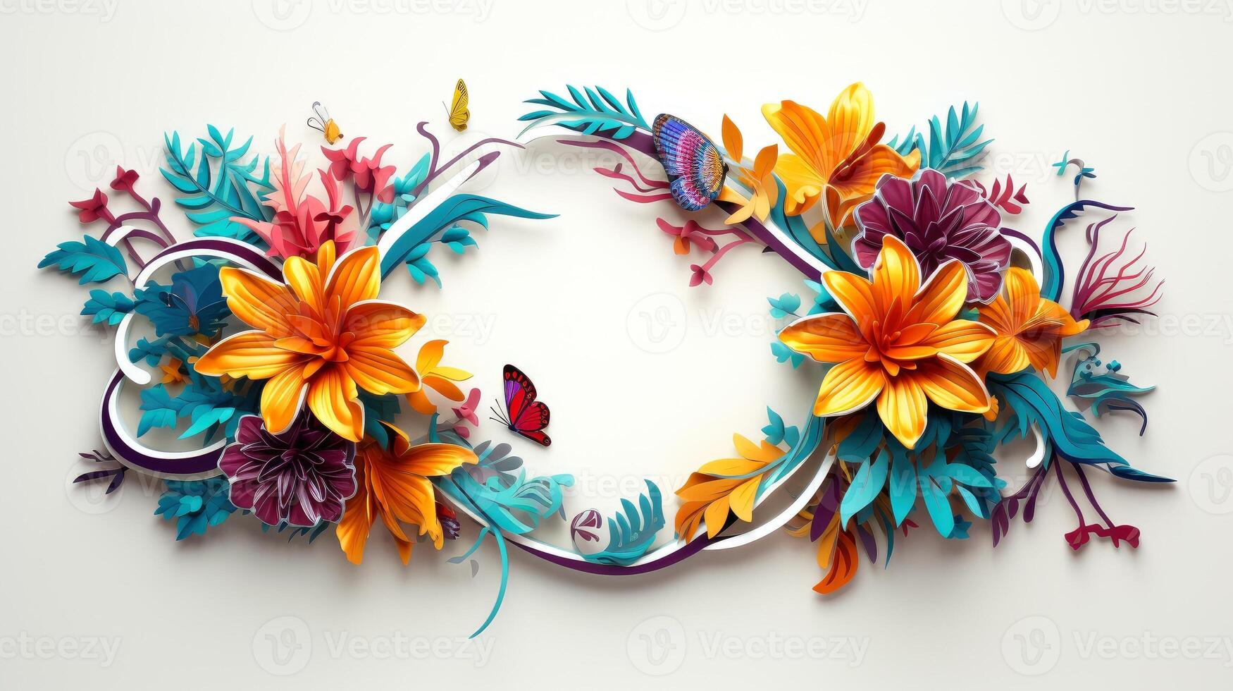 Floral border frame card template. multicolor flowers, leaves, for banner, wedding card. Springtime composition with copy-space, illustration photo