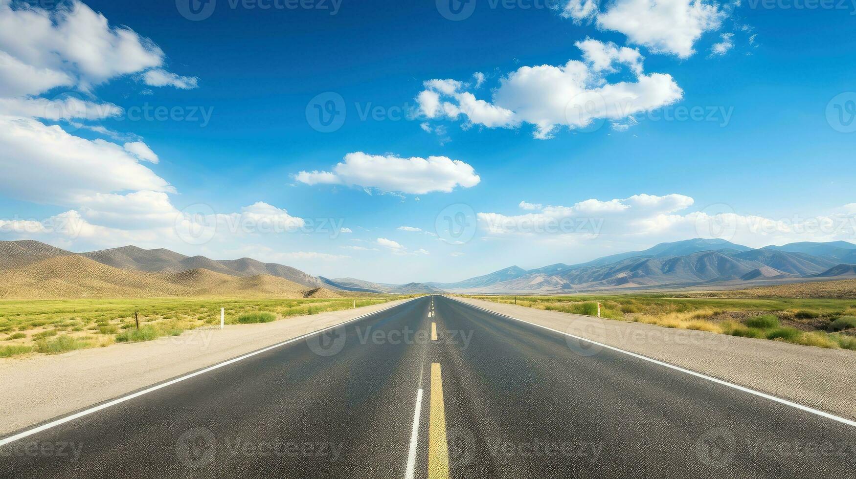 Illustration image of landscape with country road, empty asphalt road on blue cloudy sky background. Multicolor vibrant outdoors horizontal image, Generative AI illustration photo