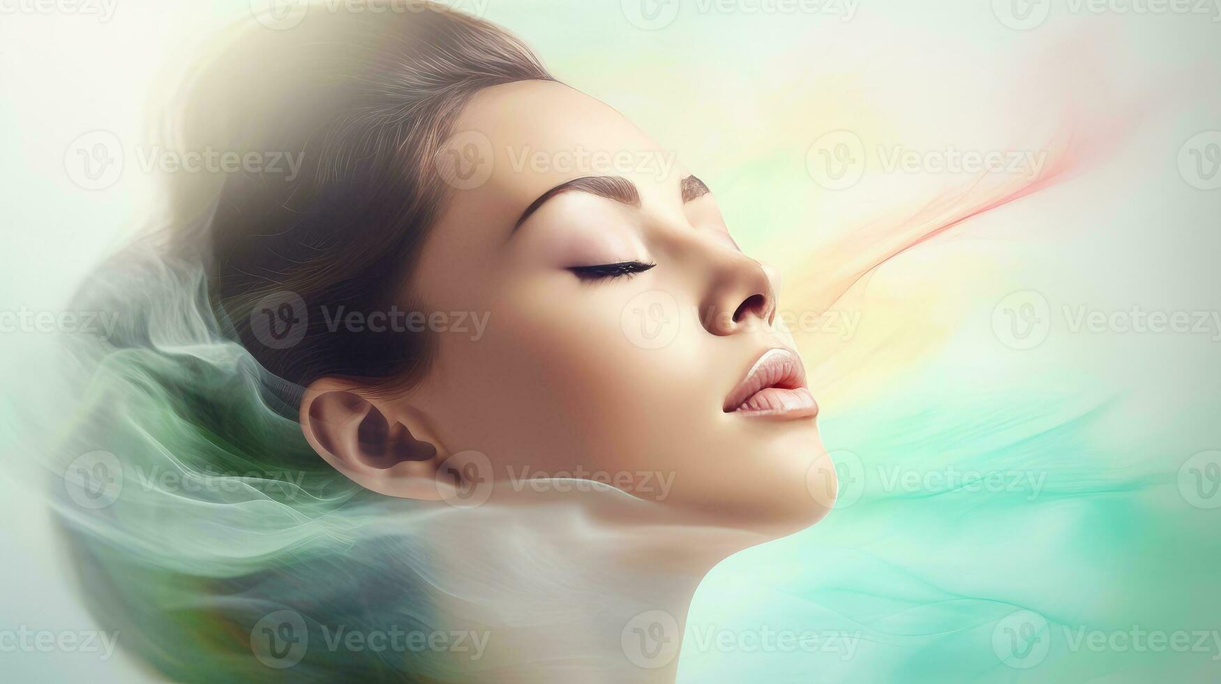 Illustration of woman sleeping and dreaming. Psychic girl considers mind and heart, spirituality, esotericism. Psychic waves concept, Generative AI illustration photo