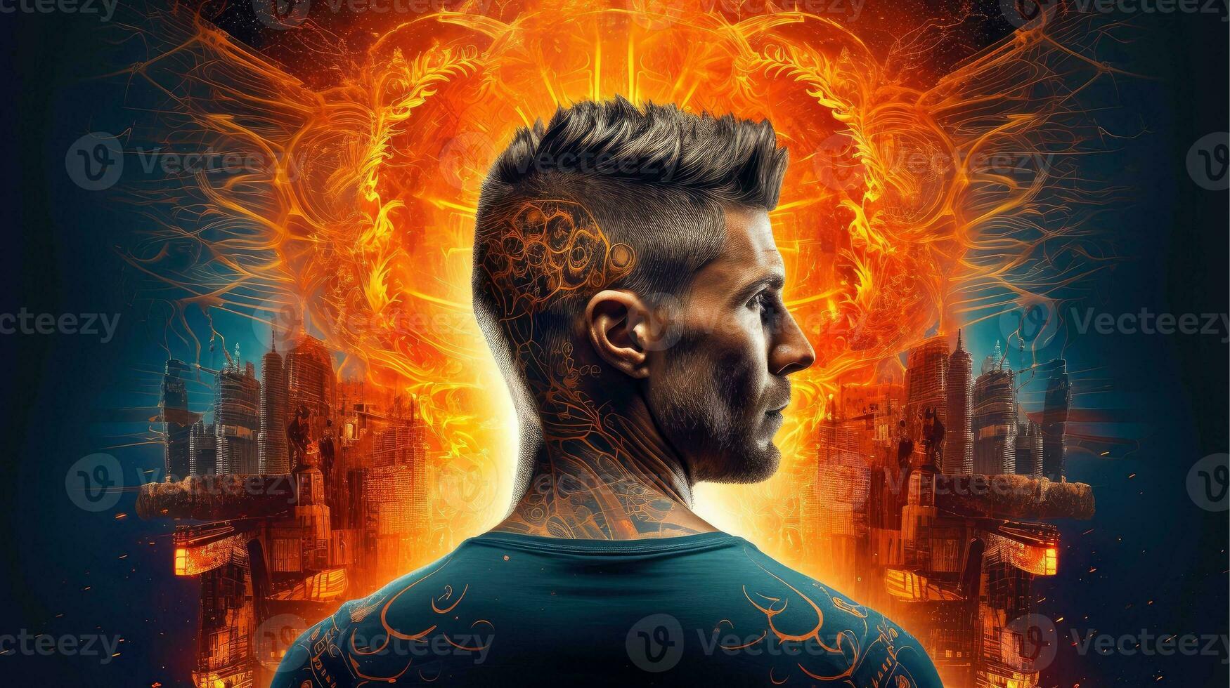 Illustration of abstract profile of a human head and consciousness with physical and chemical structures in the head, Person creative mind, Psychic waves concept, Generative AI illustration photo