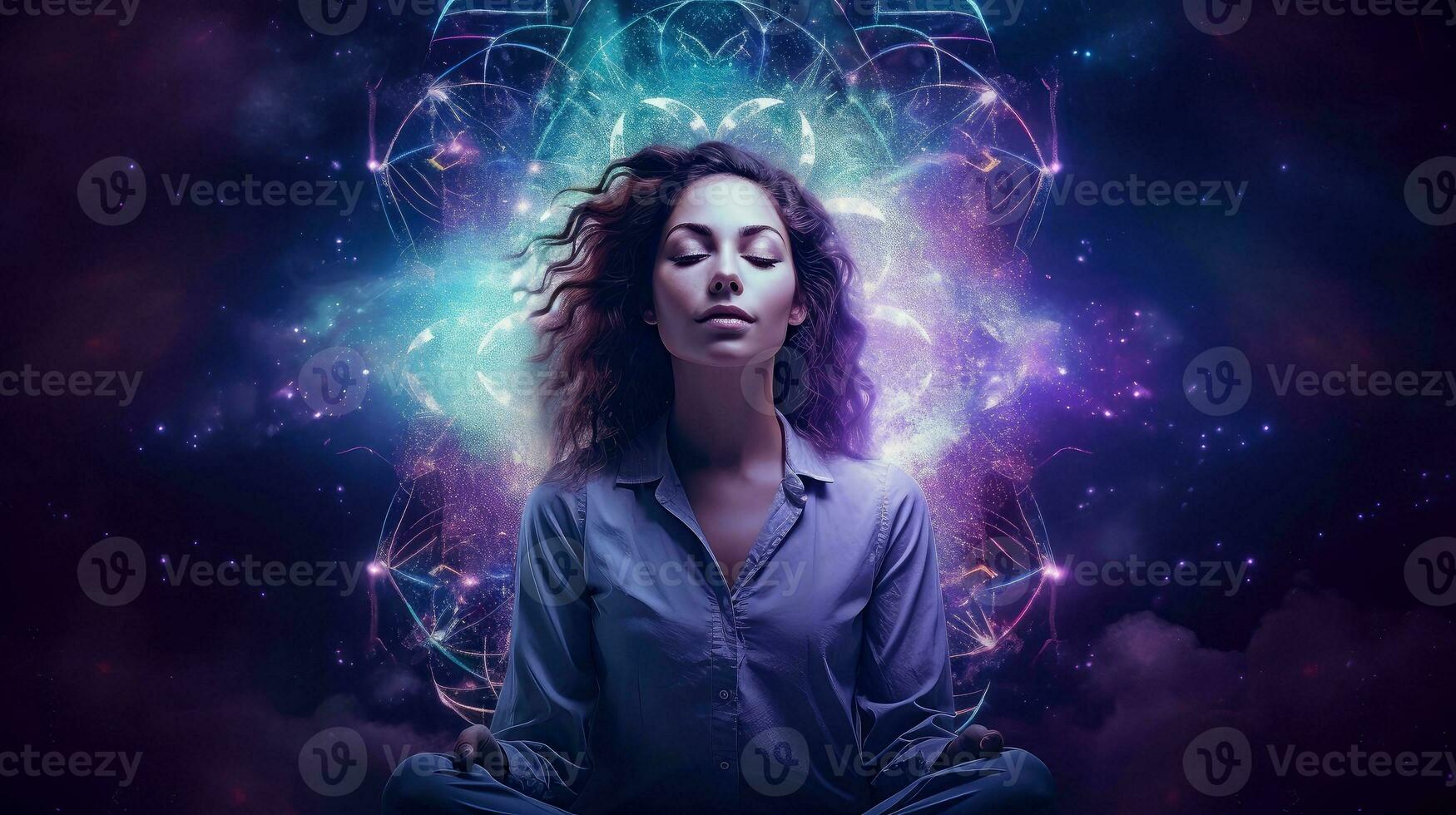 Illustration of woman sleeping and dreaming. Psychic girl considers mind and heart, spirituality, esotericism. Psychic waves concept, Generative AI illustration photo