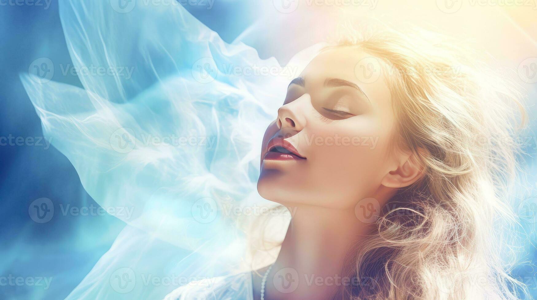 Illustration of woman sleeping and dreaming. Psychic girl considers mind and heart, spirituality, esotericism. Psychic waves concept, Generative AI illustration photo