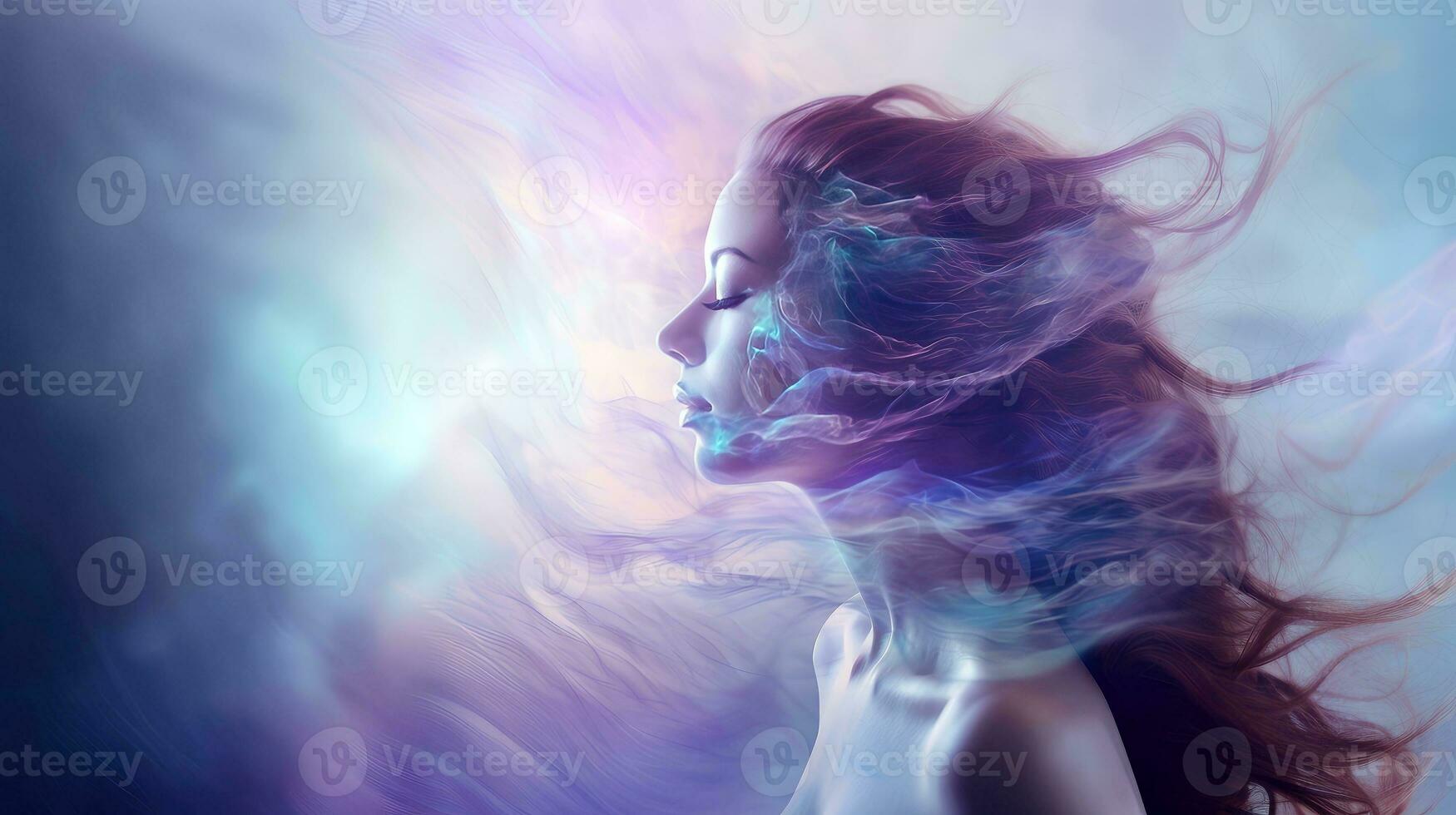 Illustration of woman sleeping and dreaming. Psychic girl considers mind and heart, spirituality, esotericism. Psychic waves concept, Generative AI illustration photo