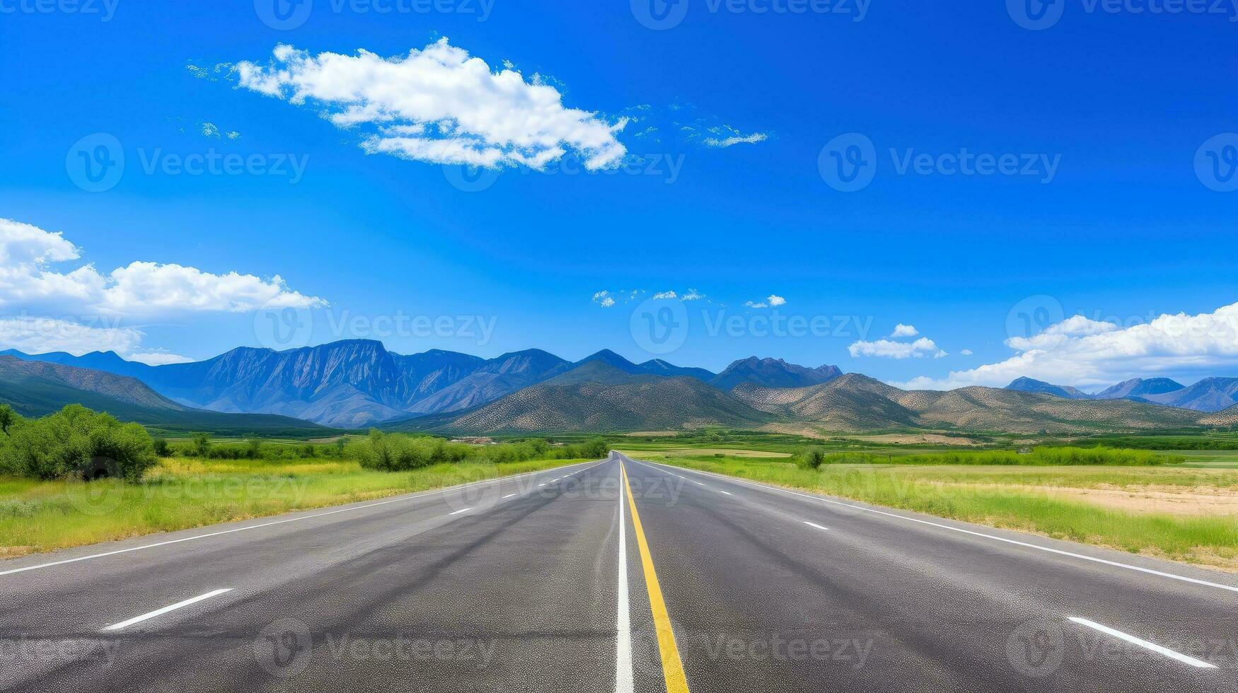 ilustración imagen de paisaje con país camino, vacío asfalto la carretera en azul nublado cielo antecedentes. multicolor vibrante al aire libre horizontal imagen, generativo ai ilustración foto