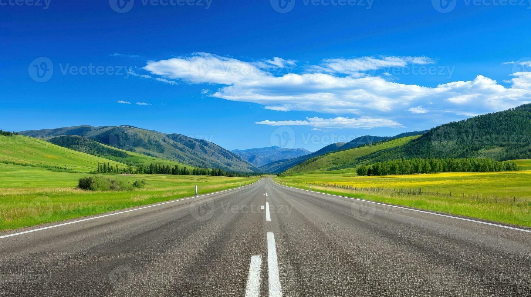 ilustración imagen de paisaje con país camino, vacío asfalto la carretera en azul nublado cielo antecedentes. multicolor vibrante al aire libre horizontal imagen, generativo ai ilustración foto