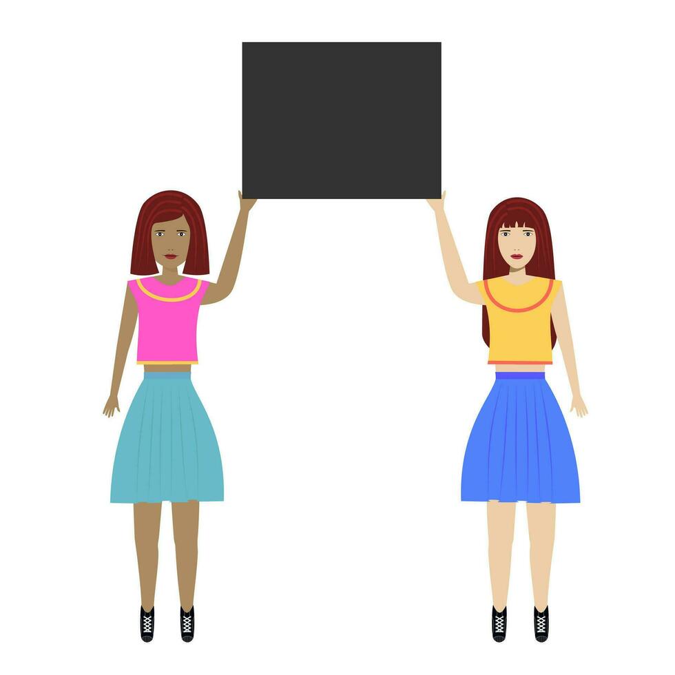 Two woman showing a blank sign together. Template for information campaign, advertising or peace demonstration themes. Vector illustration in flat style isolated on white background.