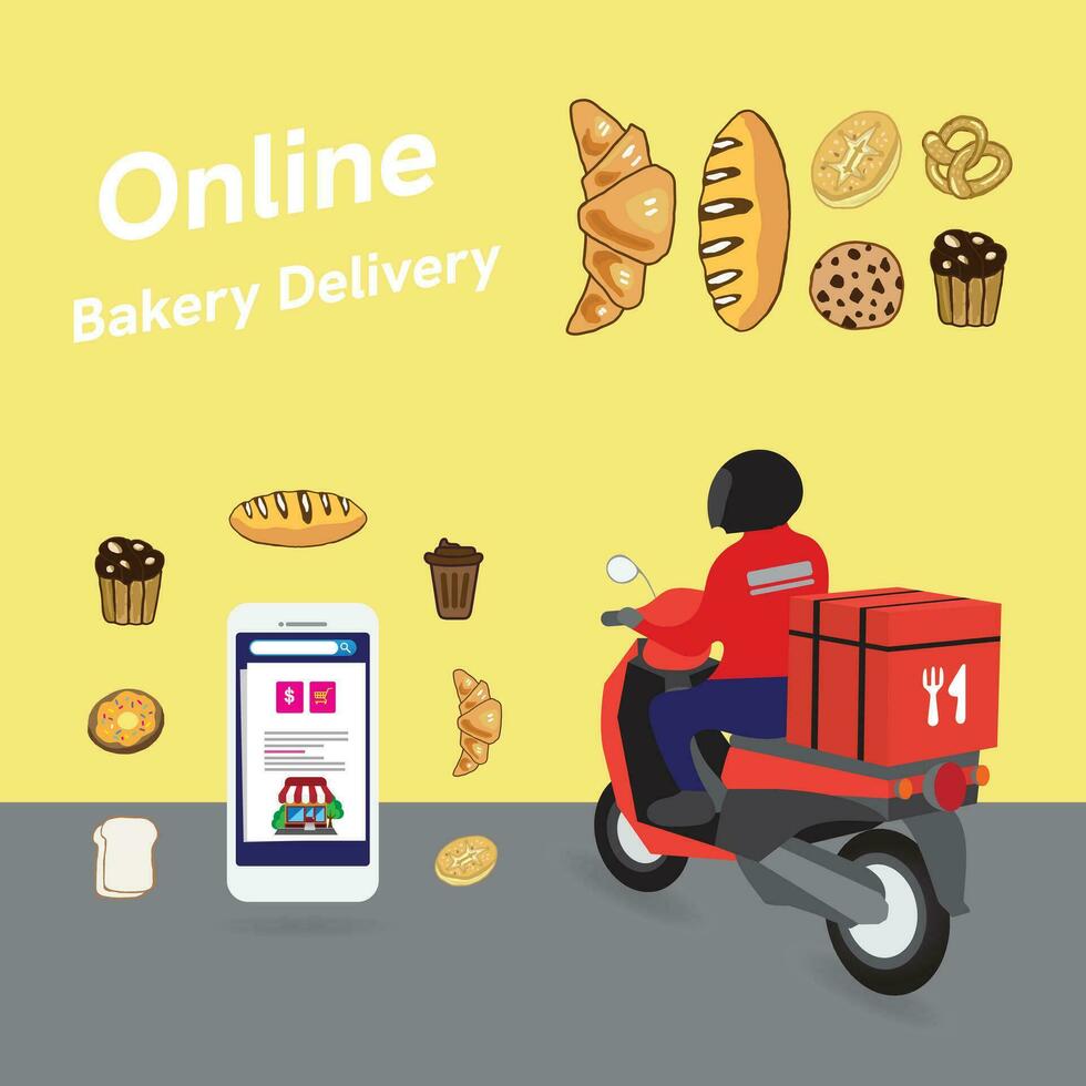 Bakery online service or platform set. Online order sweets and cookies via internet. Flat vector illustration.