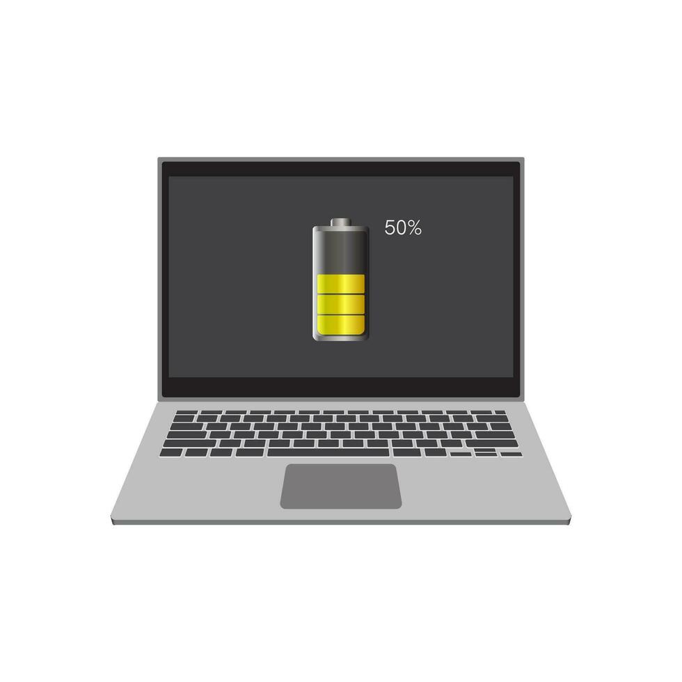 Laptop computer with low battery icon on screen, flat vector illustration EPS 10.