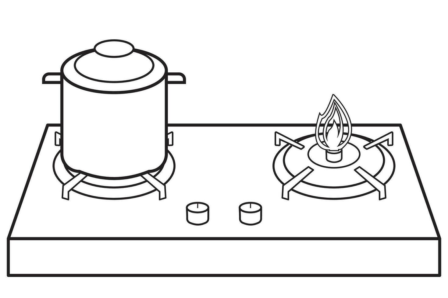 Saucepan on burner. Steel cooking pot with boiling soup, flaming gas burner heats kitchen cookware pan, vector illustration concept of home dinner isolated on white background. Editable stroke.