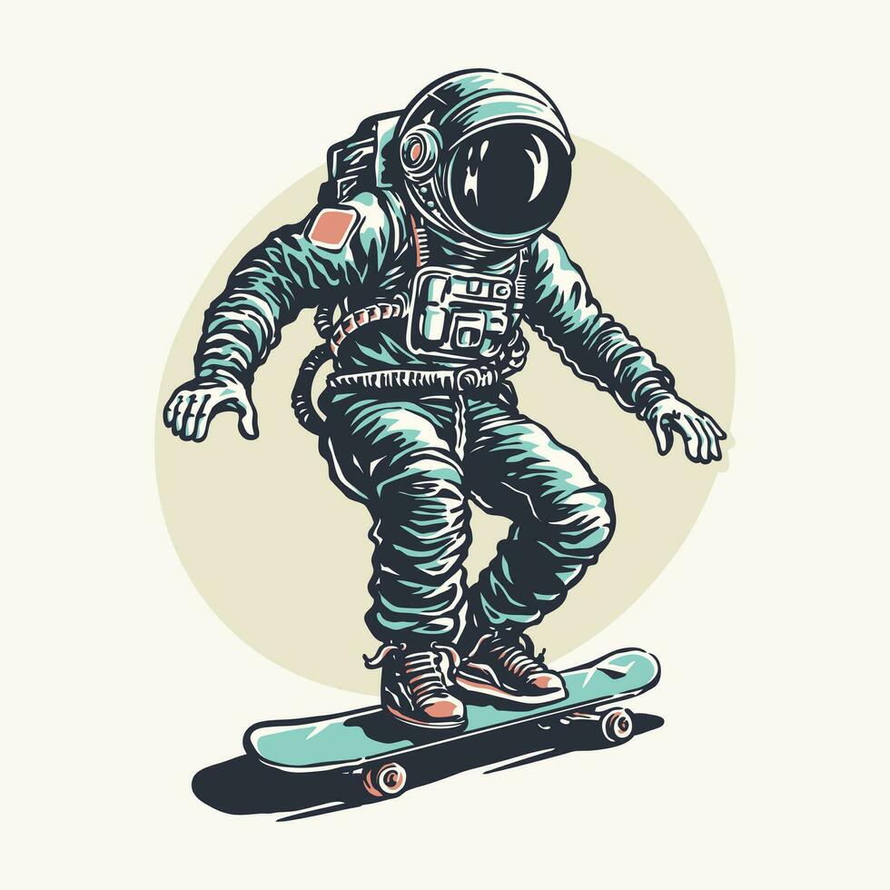 an astronaut riding a skateboard vintage  cartoon style illustration vector