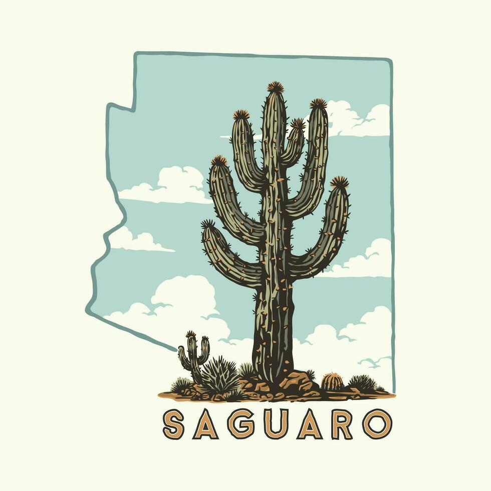 saguaro cactus with arizona state map vintage style illustration vector