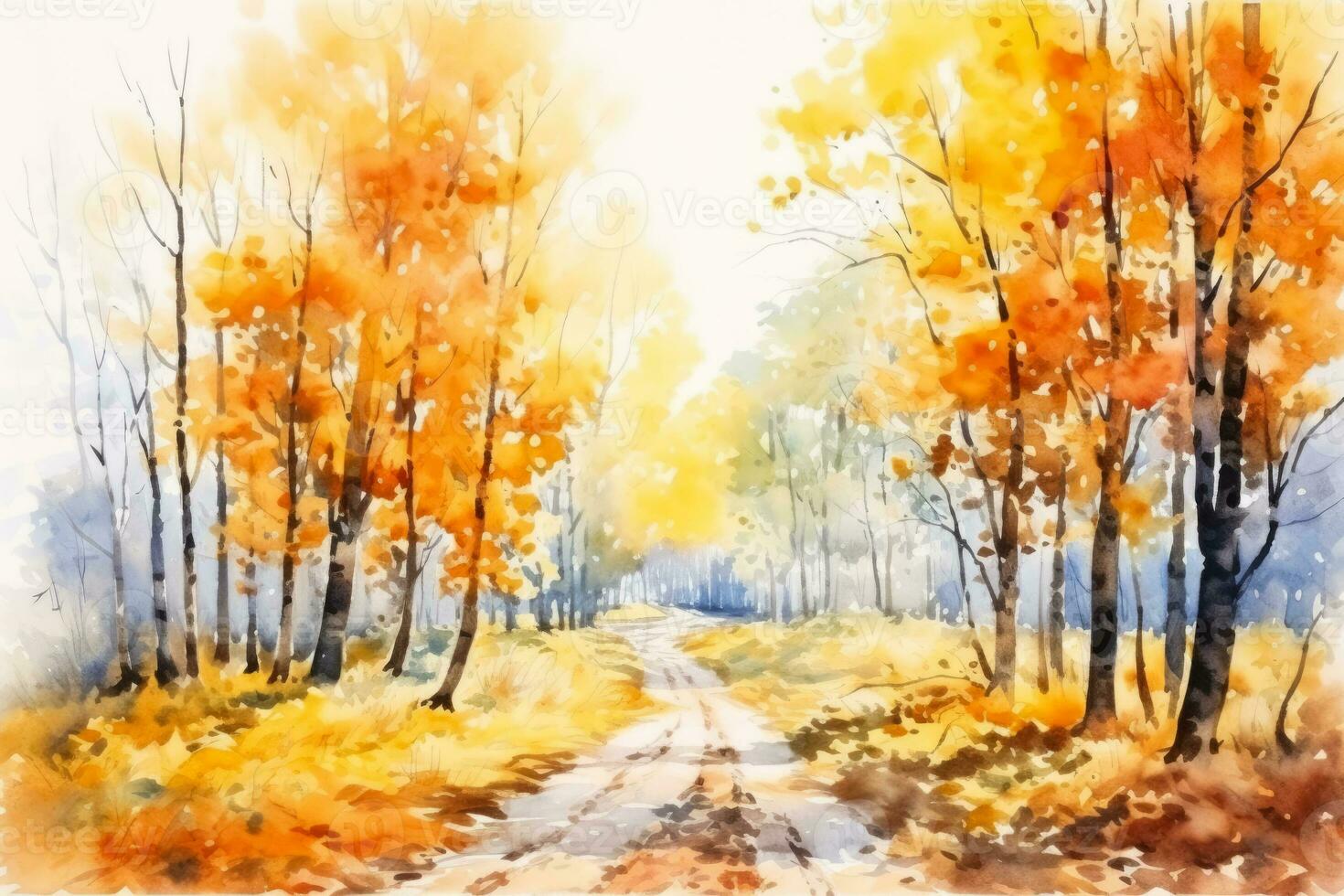 Autumn forest landscape colorful watercolor painting of fall season photo