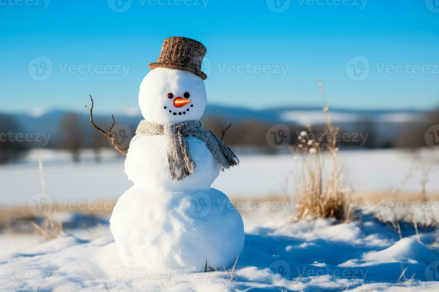 Snowman in winter field under a clear blue sky background photo
