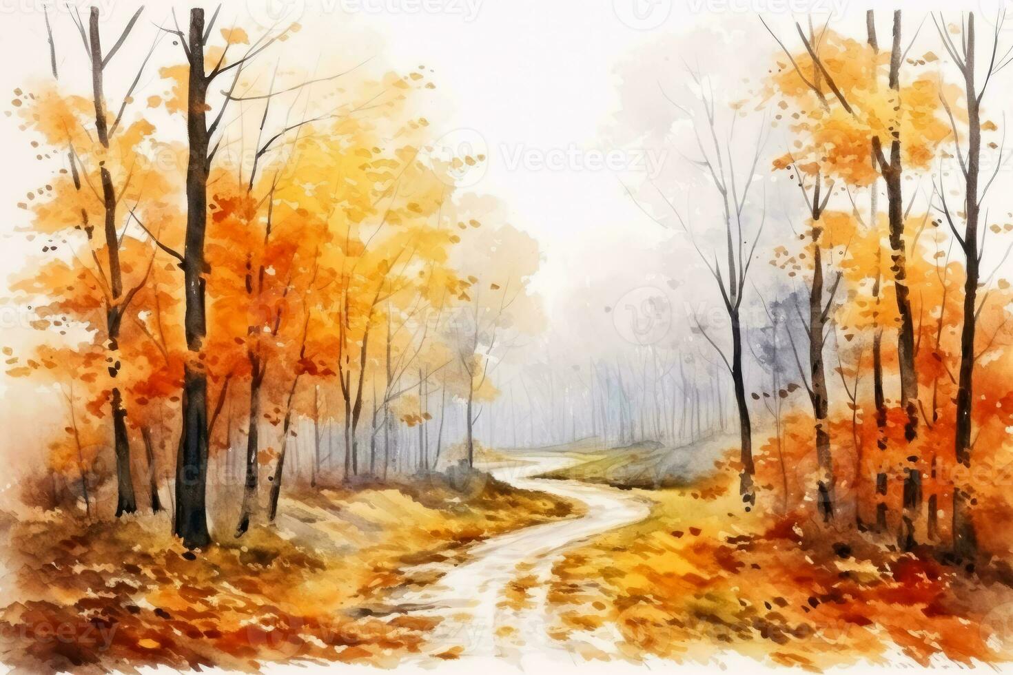 Autumn forest landscape colorful watercolor painting of fall season photo