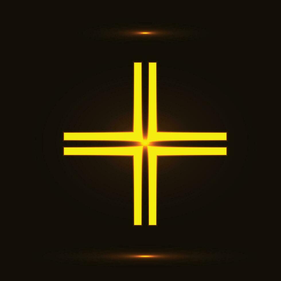 Golden Gamma cross symbol over black background. Glowing cross icon vector illustration