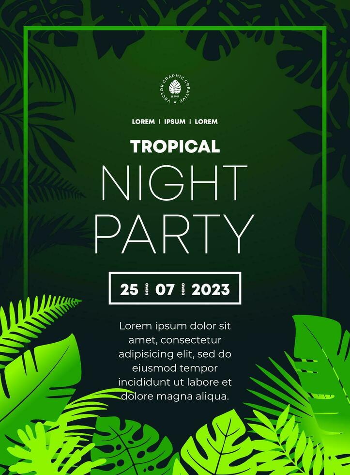 Party Flyer with Green Tropical Leaves themed Background vector