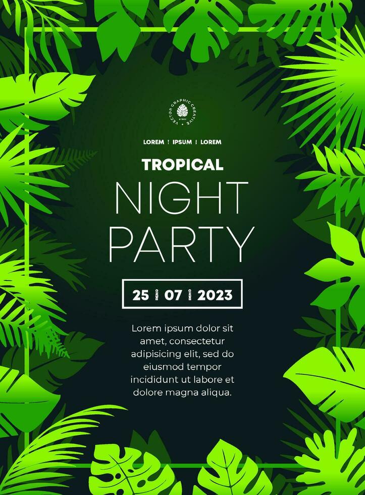 Party Flyer with Green Tropical Leaves Themed Background in Gradient Green Color vector