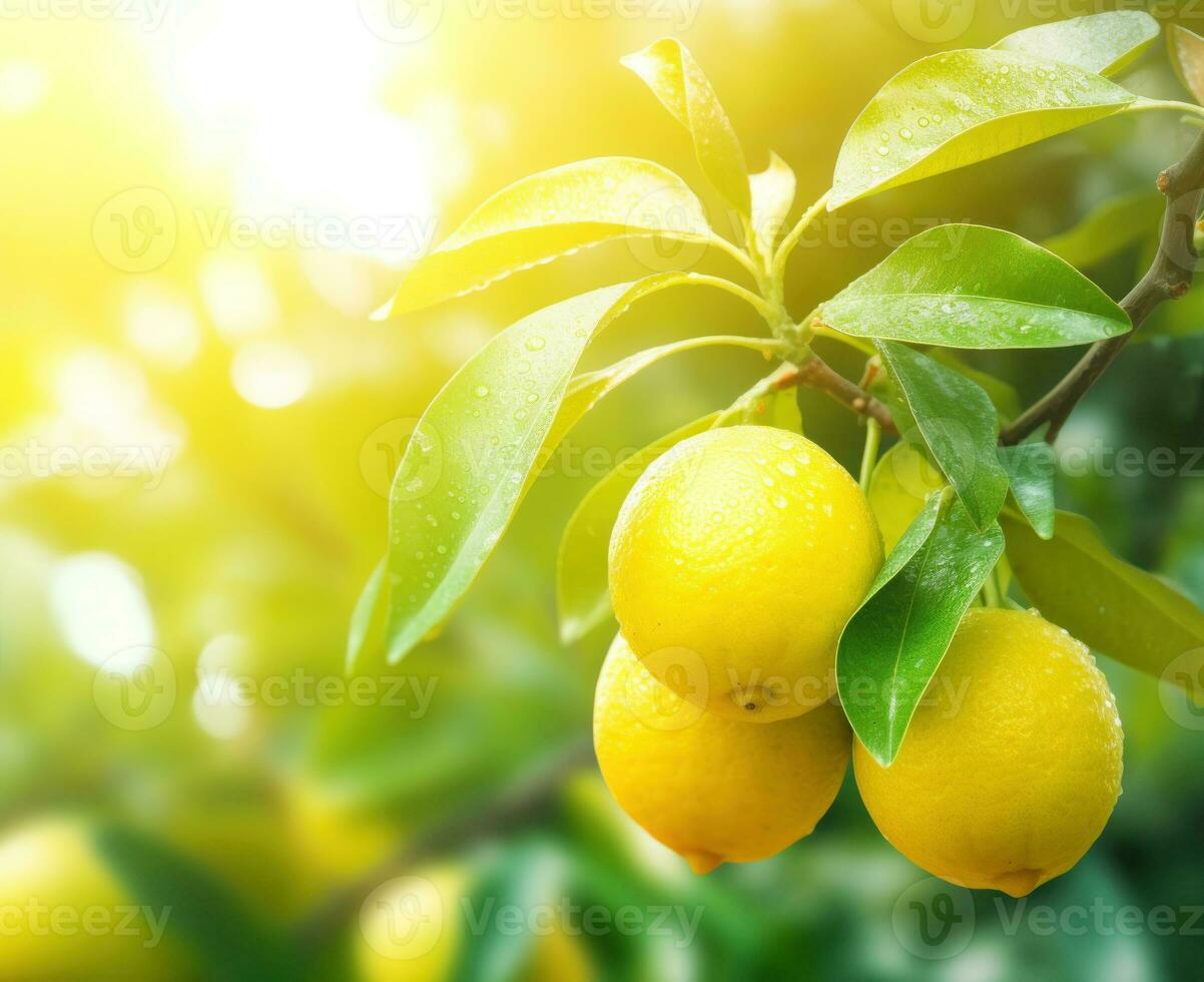 Green and yellow natural background with lemons photo