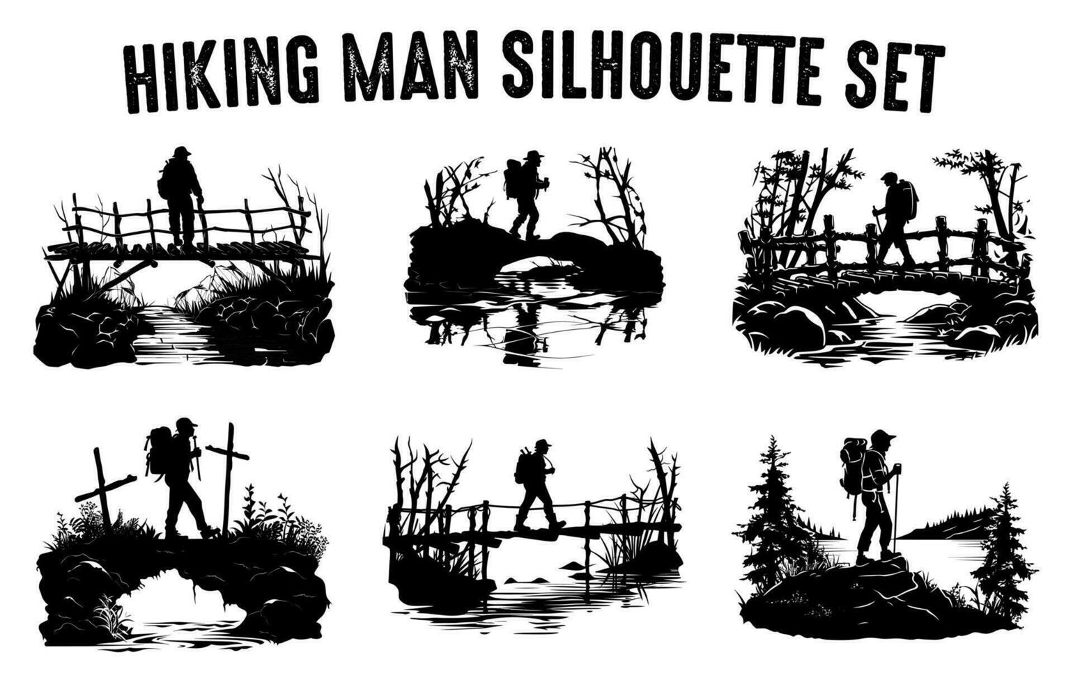 Hiking man vector Silhouette set, Hiker Silhouettes, Silhouettes of Hiker with backpack