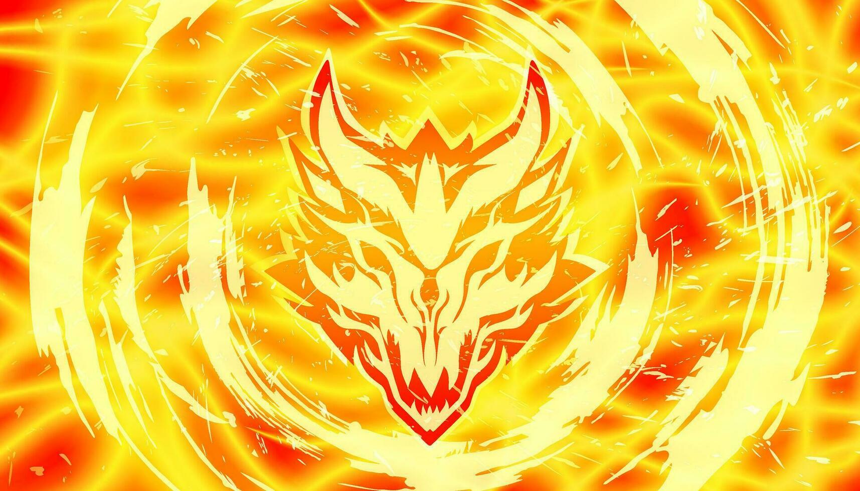 Fiery yellow background background with dragon head, flames and sparks. vector