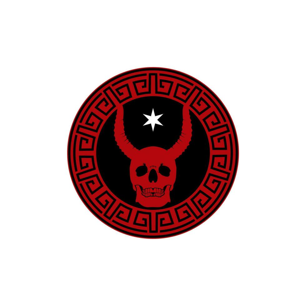 Skull Devil Demon Satan Horned Mascot Emblem Badge Medallion With Chinese Motif Border vector