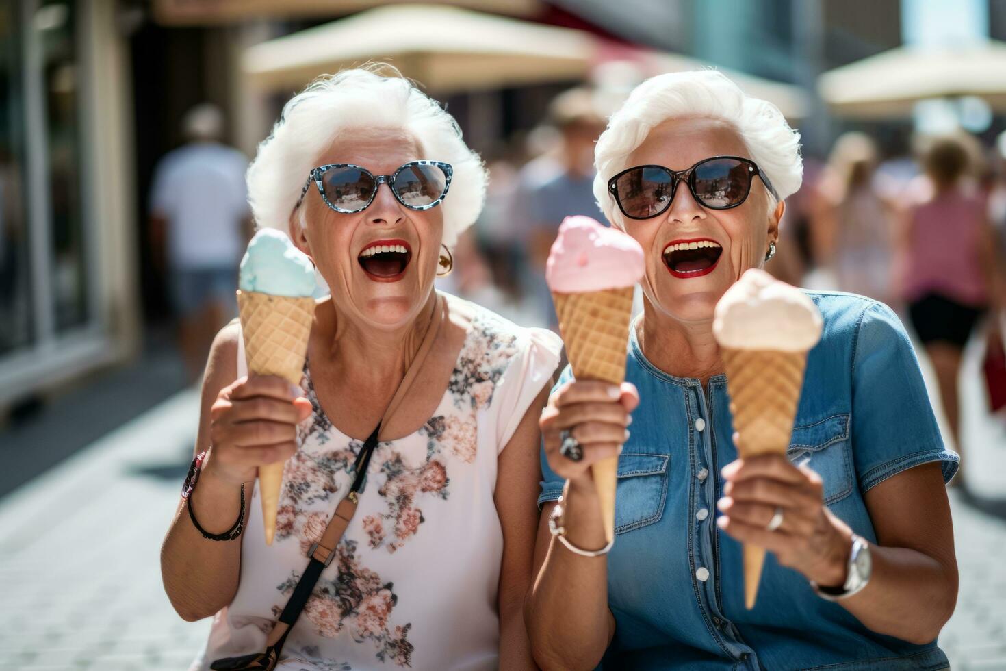 Women having fun and having ice cream cones in the city street, in the style of grandparentcore photo