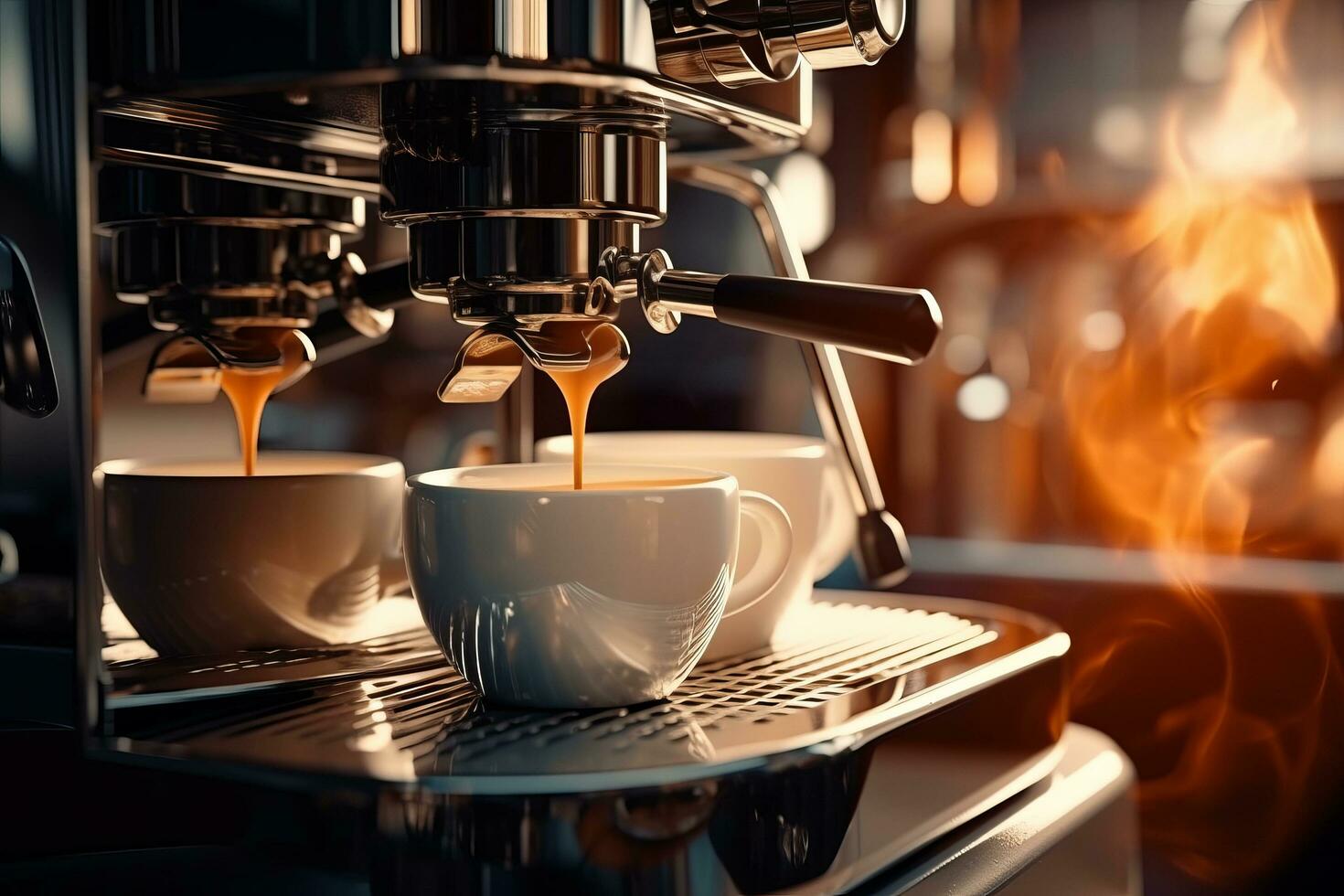 Cup of coffee being drained by espresso brewing machine, photo