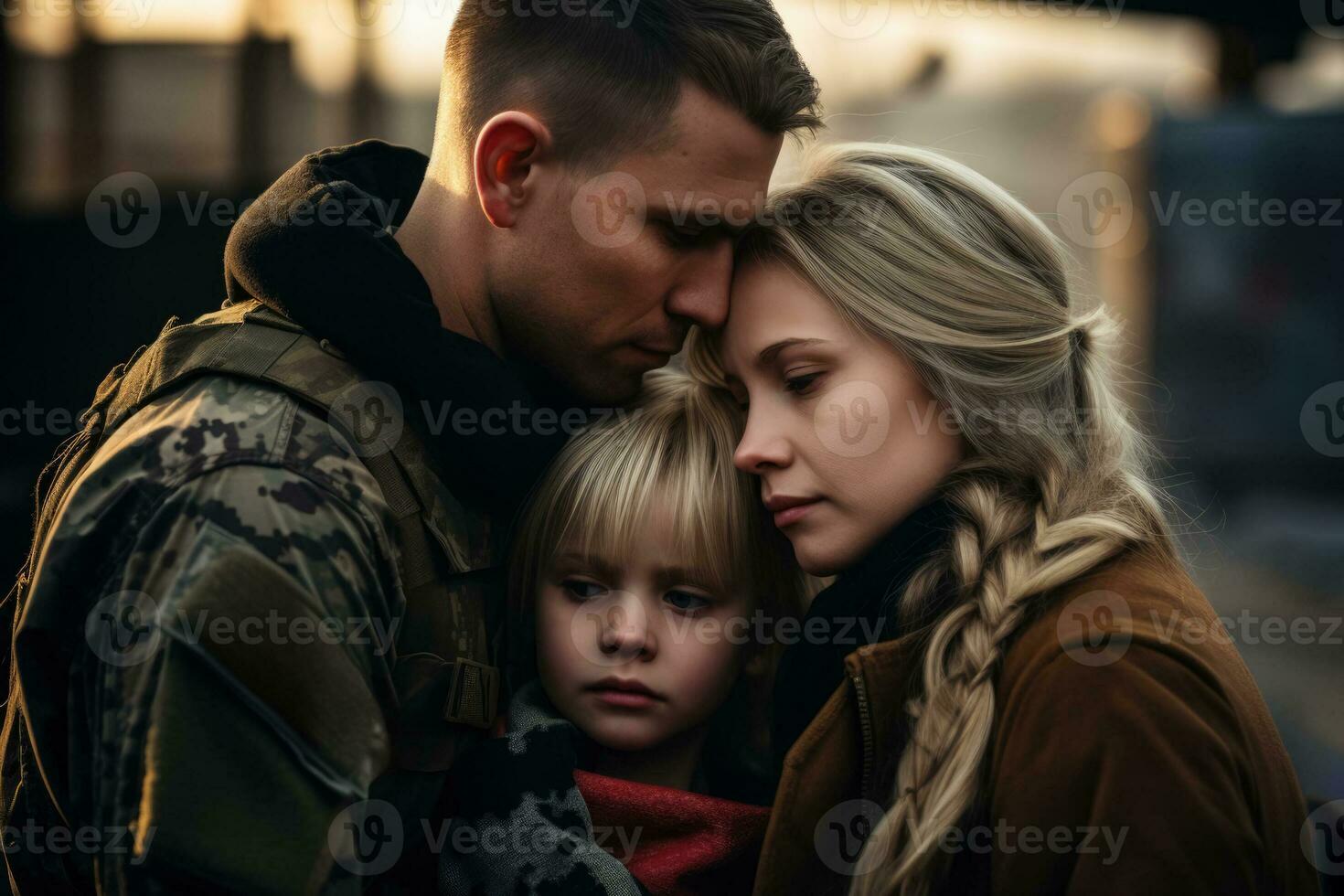 Soldier saying goodbye to his family  photo with empty space for text