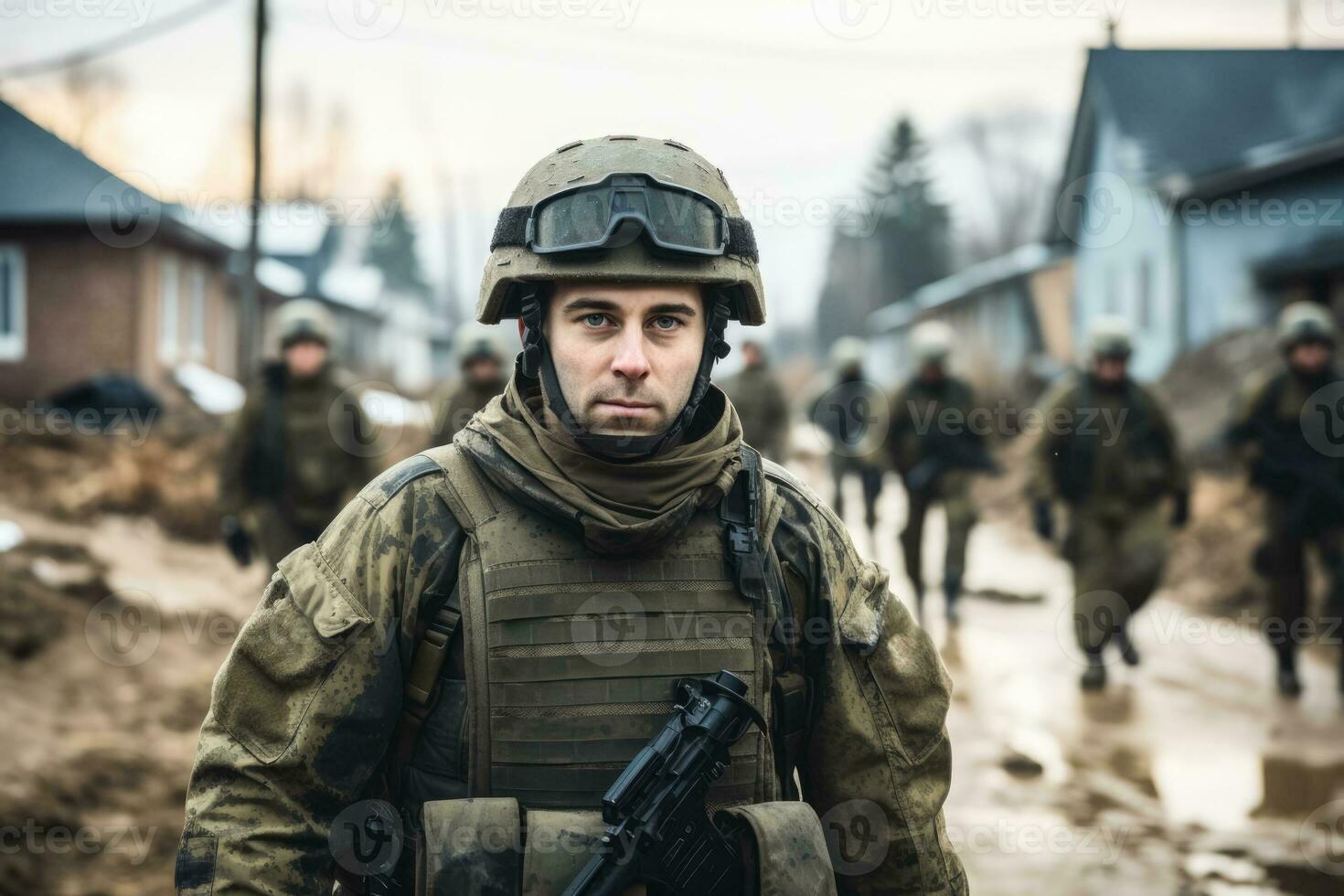 Canadian peacekeepers helping in a disaster relief operation  photo with empty space for text