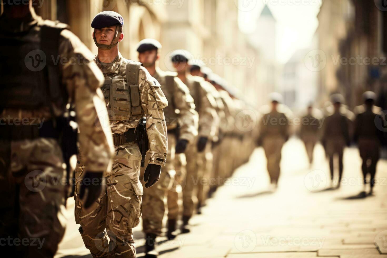 British soldiers marching during a parade  photo with empty space for text