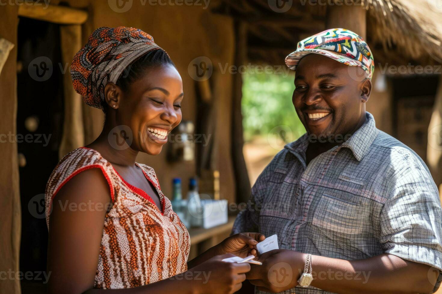African healthcare worker administering a vaccine in a village  photo with empty space for text