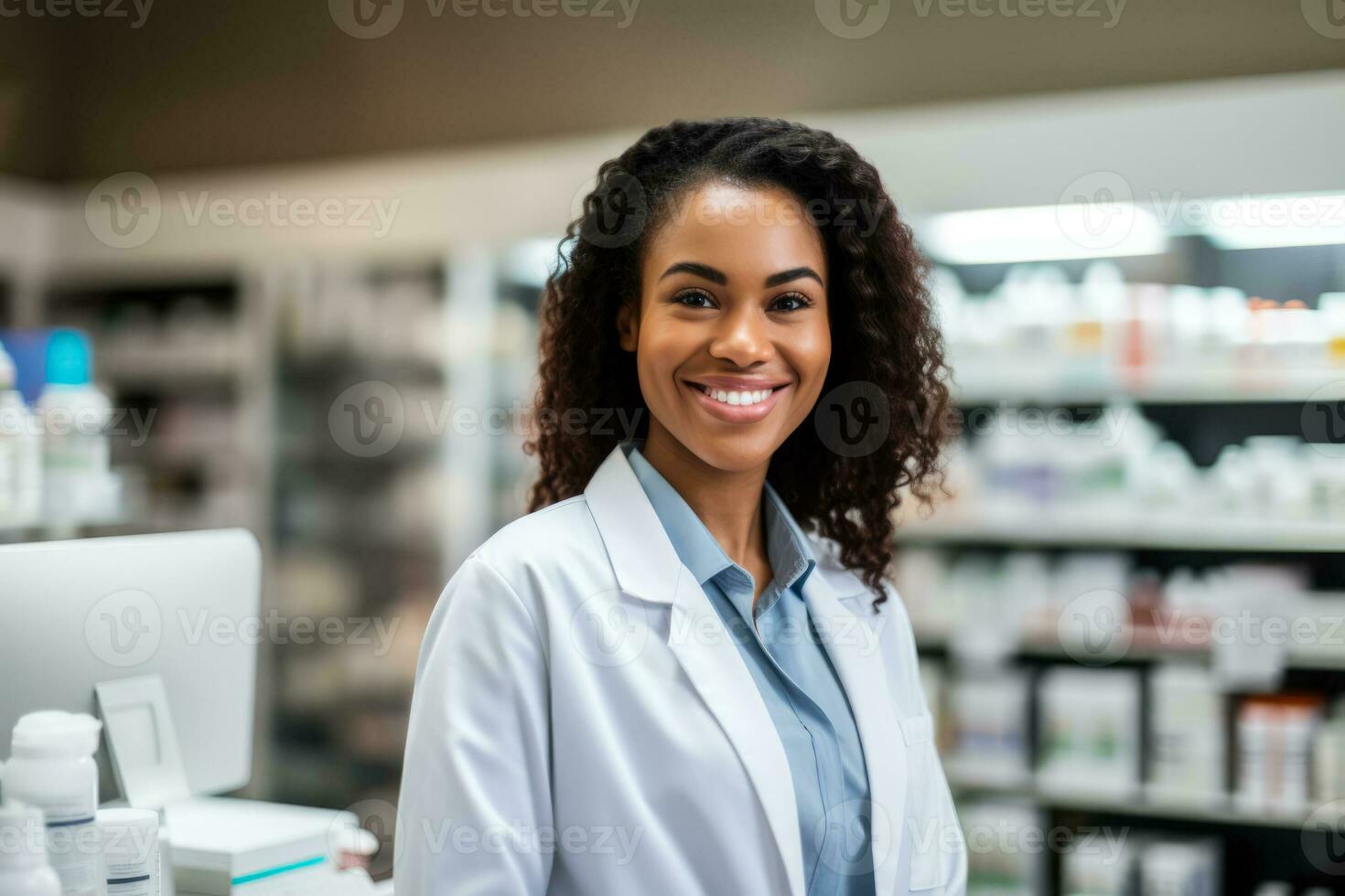 farmacéutico Ayudar un cliente en un farmacia foto con vacío espacio para texto