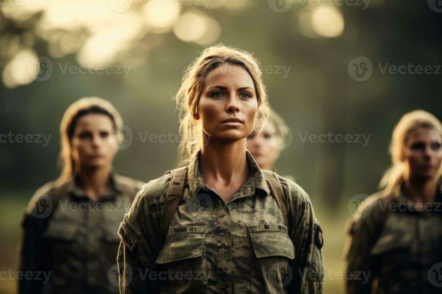 hembra soldado formación con un grupo en un campo foto con vacío espacio para texto